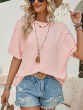 Load image into Gallery viewer, Round Neck Solid Color Lace Back Short Sleeved Top: Pink