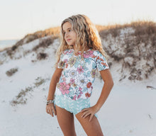 Load image into Gallery viewer, Kids Pale Pink Floral & Mint Sea Rash Guard Swimsuit