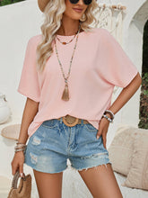 Load image into Gallery viewer, Round Neck Solid Color Lace Back Short Sleeved Top: Pink