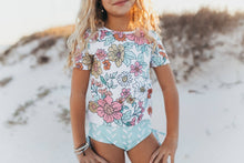 Load image into Gallery viewer, Kids Pale Pink Floral & Mint Sea Rash Guard Swimsuit
