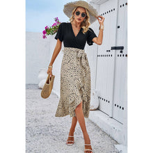 Load image into Gallery viewer, Cross Color Block Lace V Neck Belt Print Dress: BEIGE / M
