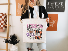 Load image into Gallery viewer, Horror Movies and Chill Halloween 100% Cotton Canvas Tote Bag
