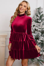 Load image into Gallery viewer, Velvet Christmas High Neck Tiered Ruffle Mini Dress