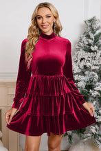 Load image into Gallery viewer, Velvet Christmas High Neck Tiered Ruffle Mini Dress