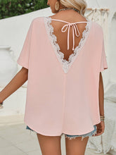 Load image into Gallery viewer, Round Neck Solid Color Lace Back Short Sleeved Top: Pink