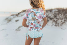 Load image into Gallery viewer, Kids Pale Pink Floral & Mint Sea Rash Guard Swimsuit