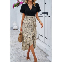 Load image into Gallery viewer, Cross Color Block Lace V Neck Belt Print Dress: BEIGE / M