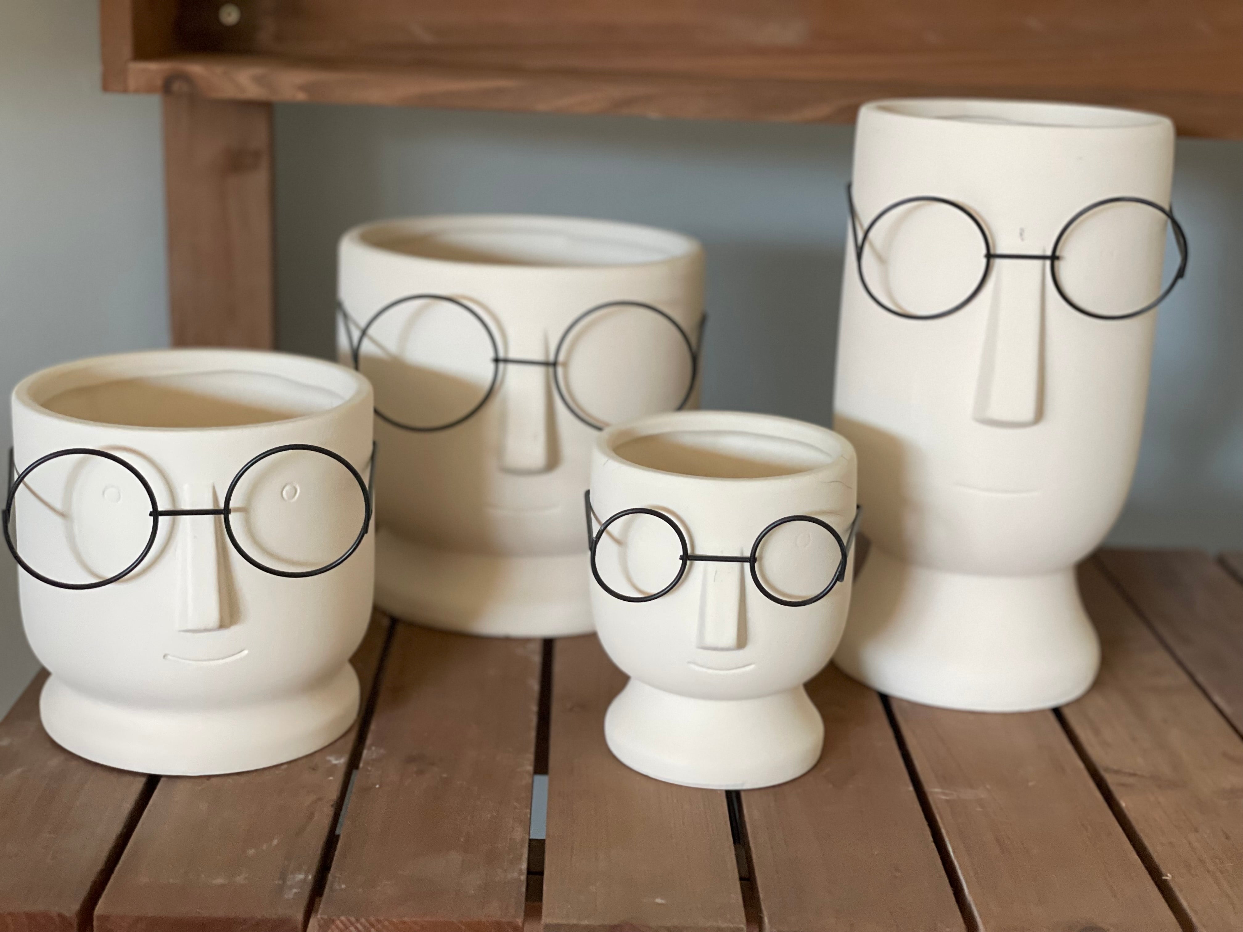 plant pots with glasses Cream Ceramic Face Planter with glasses – Ivy and Vines Boutique