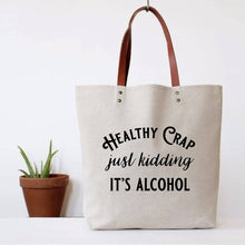 Load image into Gallery viewer, Healthy Crap Tote Bag wine grocery, alcohol canvas, leather