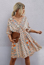 Load image into Gallery viewer, V Neck Half Sleeve Graphic Swing Dress: 100%VISCOSE / BEIGE
