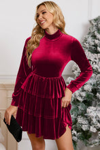 Load image into Gallery viewer, Velvet Christmas High Neck Tiered Ruffle Mini Dress
