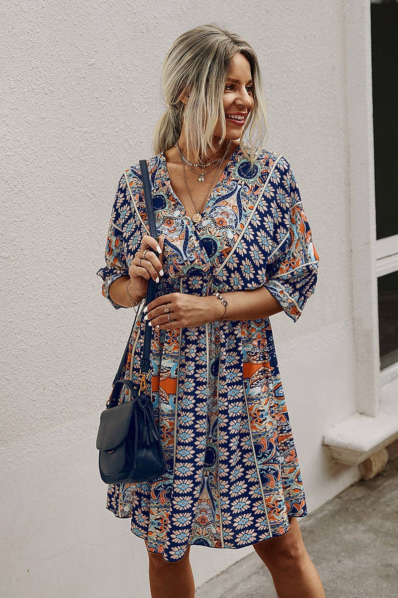 V Neck Half Sleeve Graphic Swing Dress: 100%VISCOSE / BEIGE – Ivy and Vines  Boutique