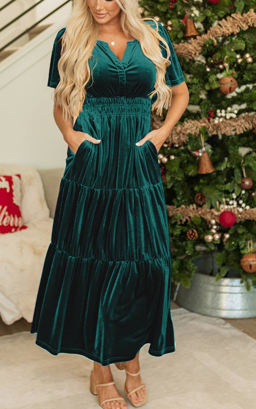 LDC Velvet Short Sleeve Shirred Waist Tiered Maxi Dress