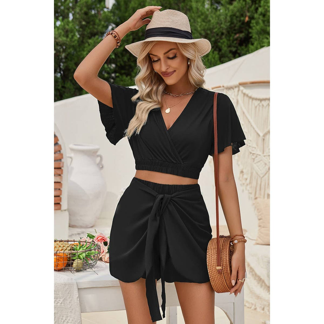 Two Pieces Cross Knot Elastic Waist Soild Sets: BLACK