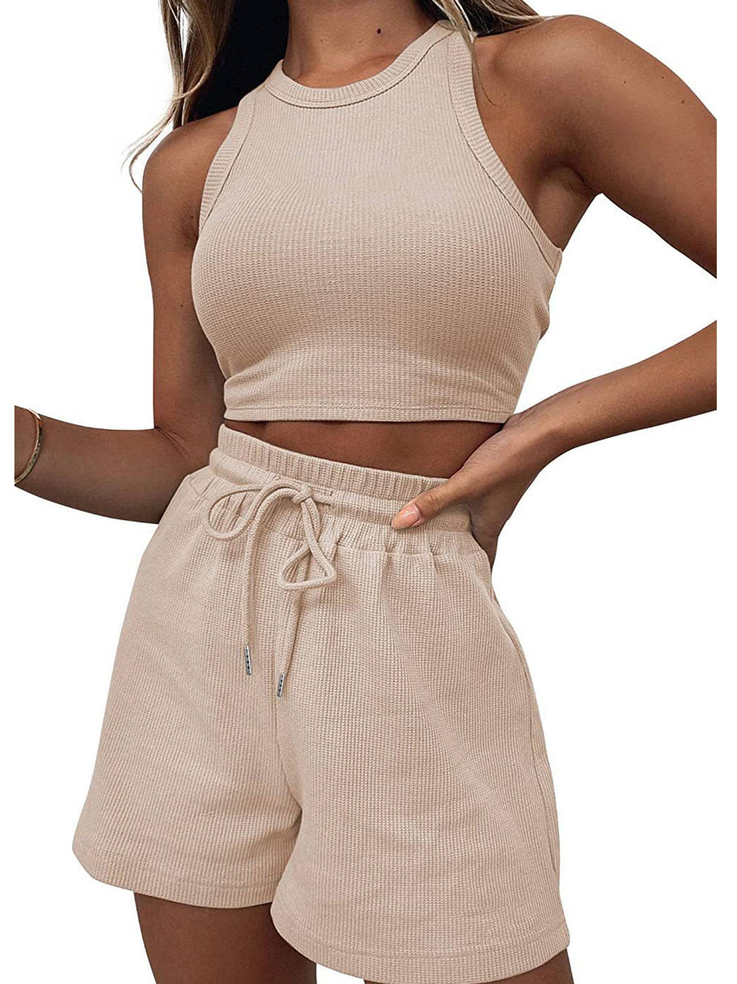 Solid Color Vest Casual Short Suit For Women: Beige / S