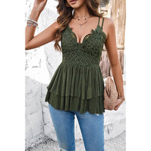 Load image into Gallery viewer, Lace Trim Deep V Neck Fit Ruffle Sleeveless Top: WHITE
