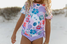Load image into Gallery viewer, Kids Lavender Floral Rash Guard Ruffle Swimsuit

