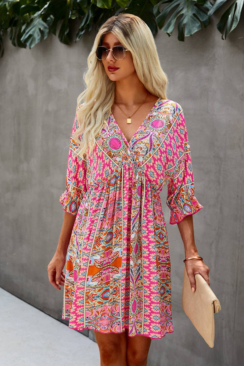 V Neck Half Sleeve Graphic Swing Dress: 100%VISCOSE / BEIGE