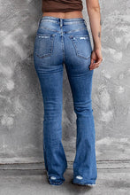 Load image into Gallery viewer, Blue Distressed Flare Jeanss: BLUE
