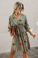 Load image into Gallery viewer, V Neck Half Sleeve Graphic Swing Dress: 100%VISCOSE / BEIGE
