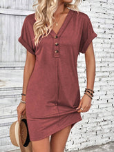 Load image into Gallery viewer, Buckle V-neck Raglan Roll Sleeves Solid Color Dress: Beige
