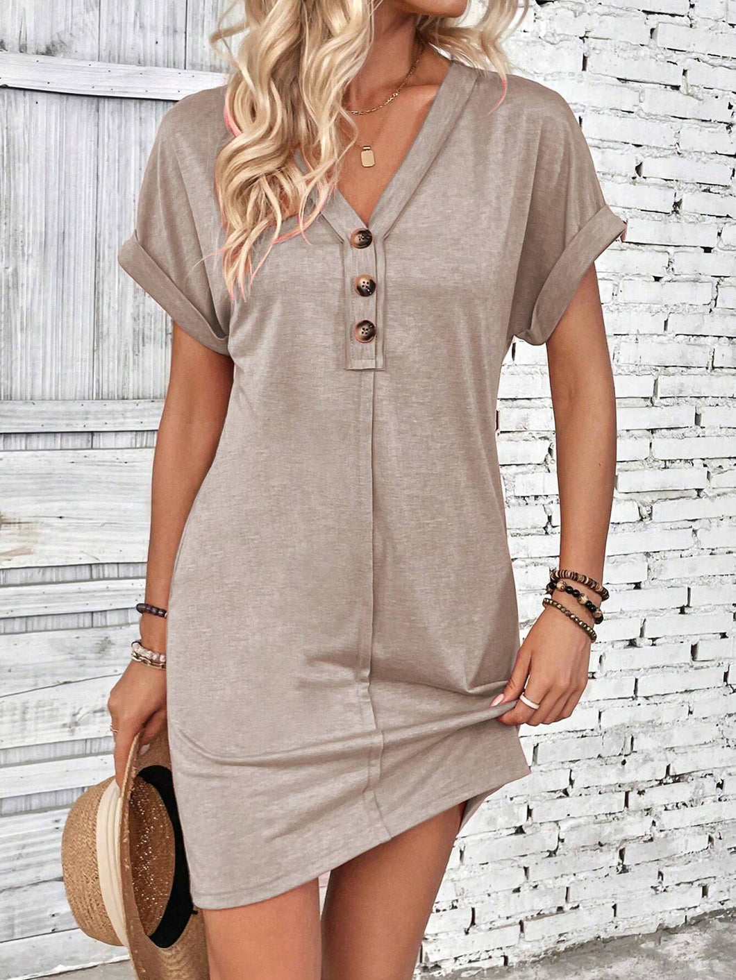 Buckle V-neck Raglan Roll Sleeves Solid Color Dress: Beige