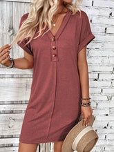 Load image into Gallery viewer, Buckle V-neck Raglan Roll Sleeves Solid Color Dress: Beige
