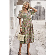 Load image into Gallery viewer, Floral Print Fit Ruffle Sleeve Midi Dress: BEIGE
