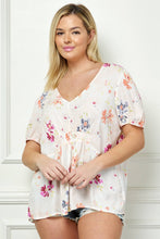 Load image into Gallery viewer, PLUS SIZE FLORAL PRINT SMOCKED TOP PEACH CORAL GREEN
