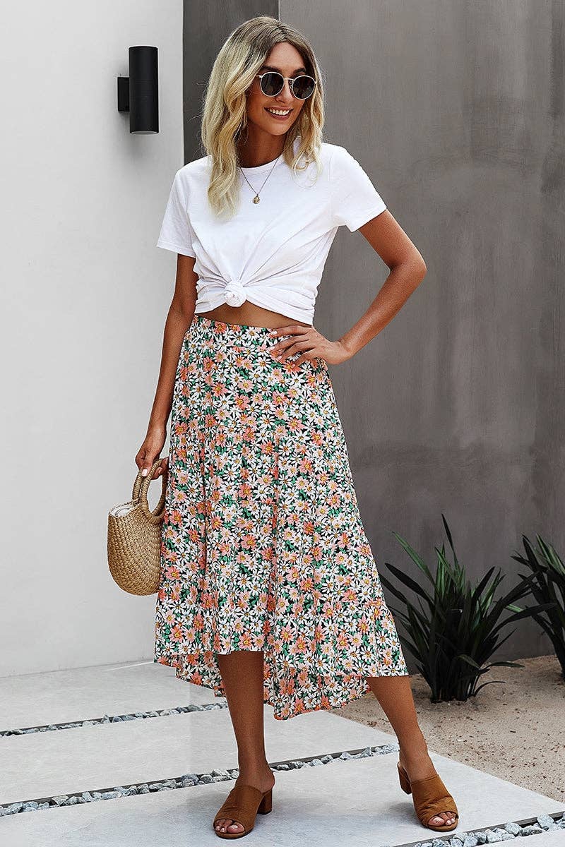 Floral Ruffle Swing Midi Skirt: 100%VISCOSE