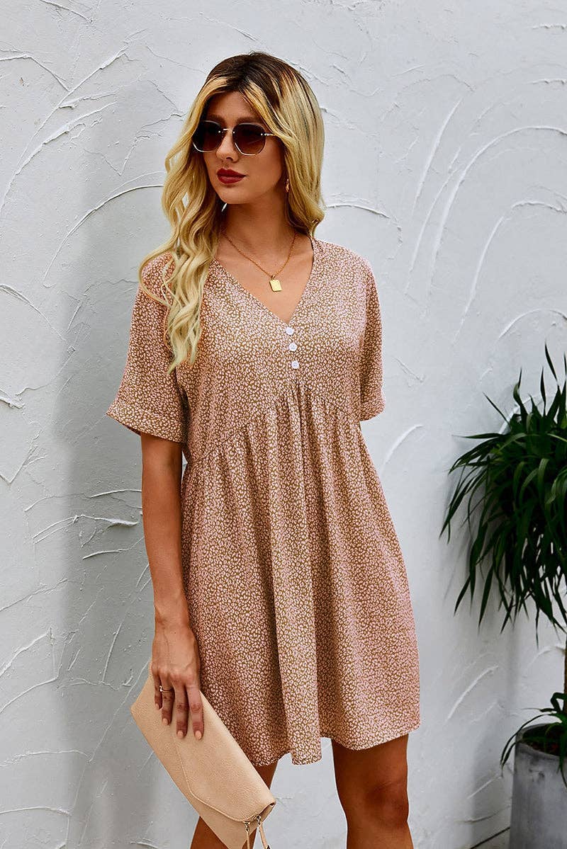 Dot Print V Neck Tunic Dress: KHAKI / S