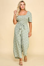 Load image into Gallery viewer, PLUS SIZE SMOCKED TOP PEGGED LEG GAUCHO JUMPSUIT OLIVE/NAT
