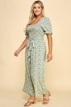 Load image into Gallery viewer, PLUS SIZE SMOCKED TOP PEGGED LEG GAUCHO JUMPSUIT OLIVE/NAT
