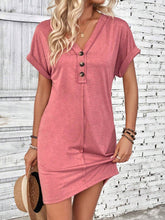 Load image into Gallery viewer, Buckle V-neck Raglan Roll Sleeves Solid Color Dress: Beige
