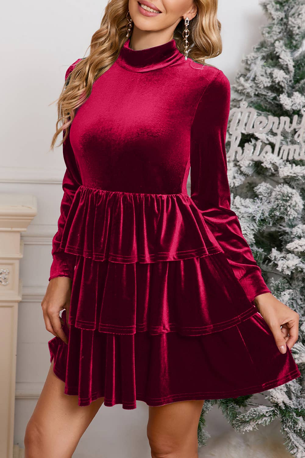 Velvet Christmas High Neck Tiered Ruffle Mini Dress