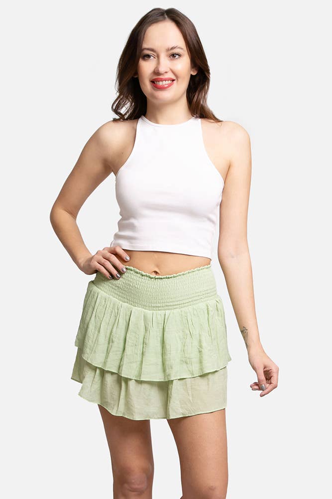 Solid Ruffle Tiered Mini Skort: Green / LXL