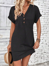 Load image into Gallery viewer, Buckle V-neck Raglan Roll Sleeves Solid Color Dress: Beige
