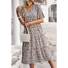 Load image into Gallery viewer, Floral Print Fit Ruffle Sleeve Midi Dress: BEIGE
