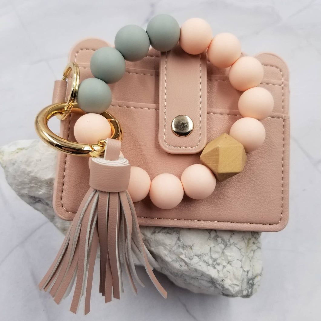 Silicone Bead Bangle Keychain Card Holder Bracelet: Pink