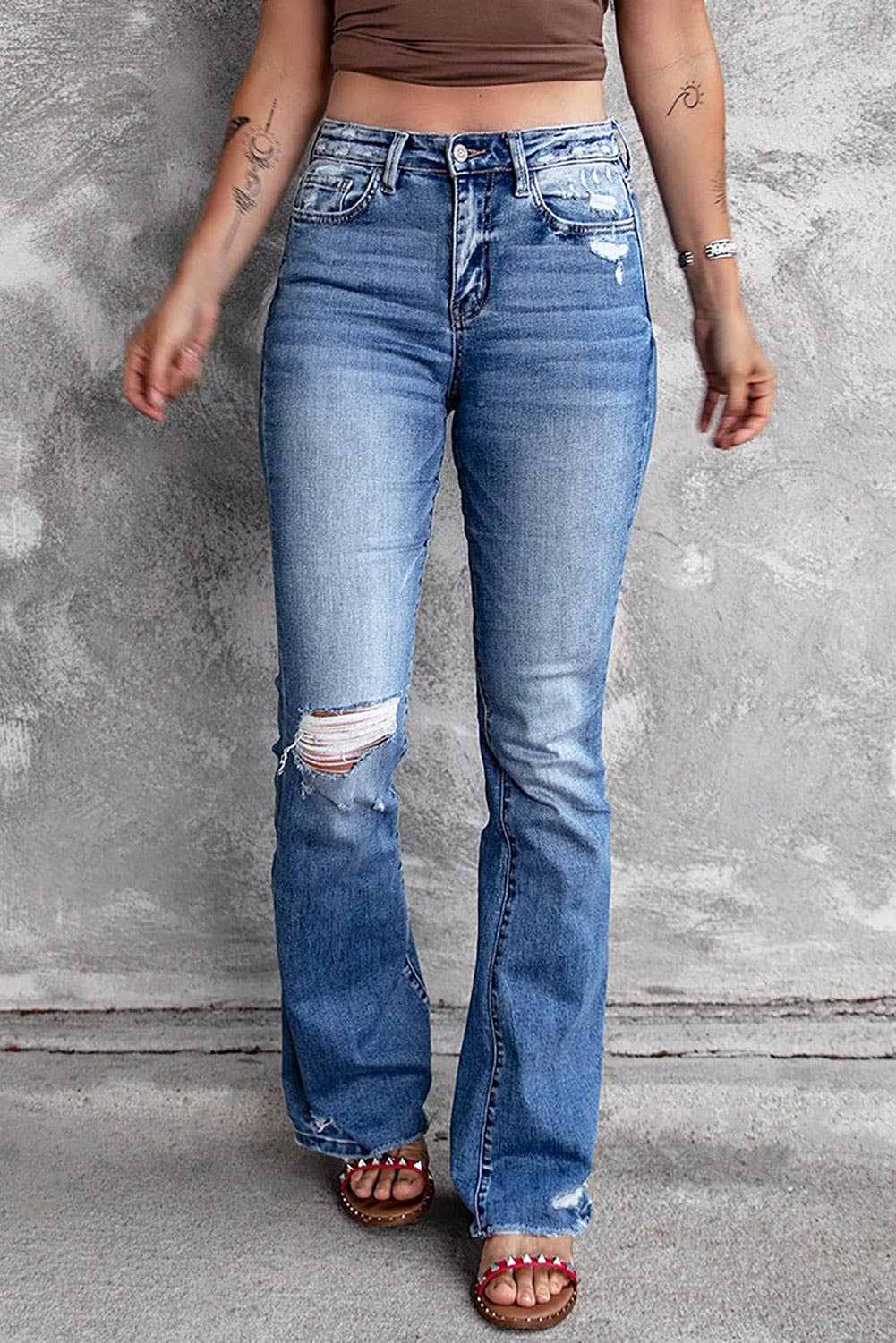 Blue Distressed Flare Jeanss: BLUE