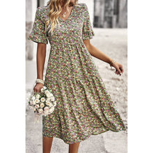 Load image into Gallery viewer, Floral Print Fit Ruffle Sleeve Midi Dress: BEIGE
