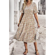 Load image into Gallery viewer, Floral Print Fit Ruffle Sleeve Midi Dress: BEIGE
