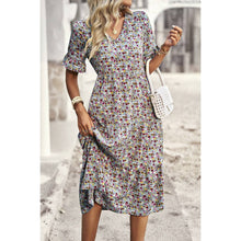 Load image into Gallery viewer, Floral Print Fit Ruffle Sleeve Midi Dress: BEIGE
