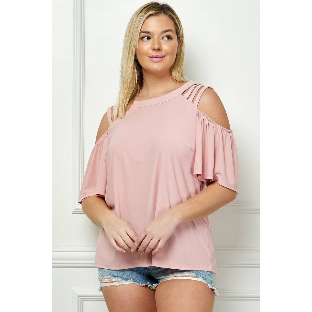 PLUS SIZE CAGE COLD SHOULDER TOP pink