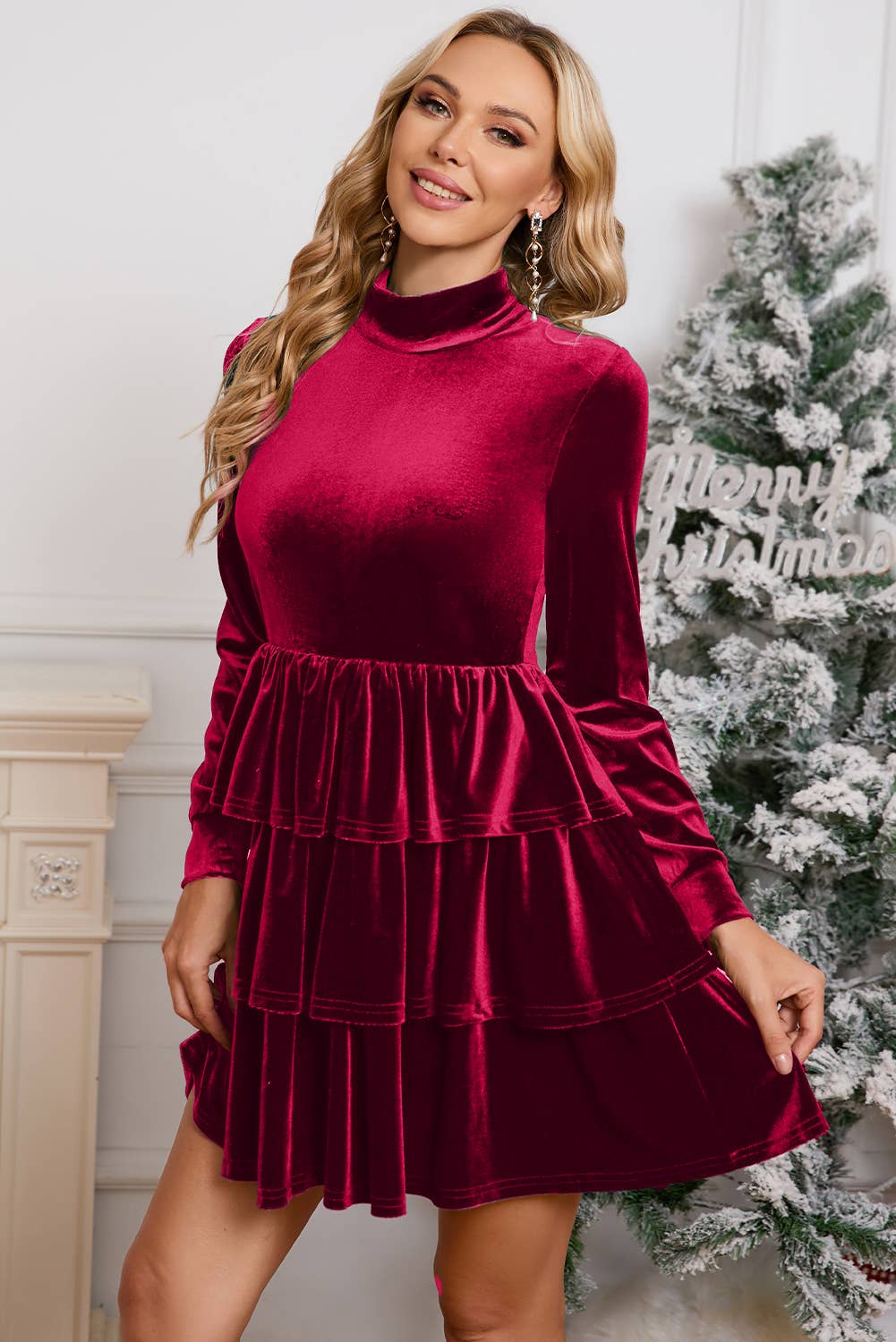 Velvet Christmas High Neck Tiered Ruffle Mini Dress
