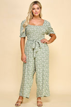 Load image into Gallery viewer, PLUS SIZE SMOCKED TOP PEGGED LEG GAUCHO JUMPSUIT OLIVE/NAT
