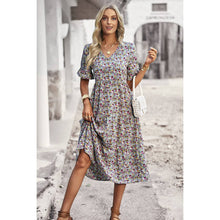 Load image into Gallery viewer, Floral Print Fit Ruffle Sleeve Midi Dress: BEIGE
