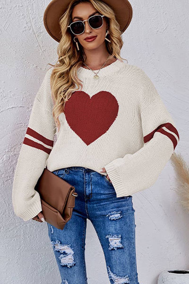 Women Oversized Heart Printed Ribbed Pullover