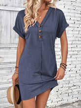 Load image into Gallery viewer, Buckle V-neck Raglan Roll Sleeves Solid Color Dress: Beige
