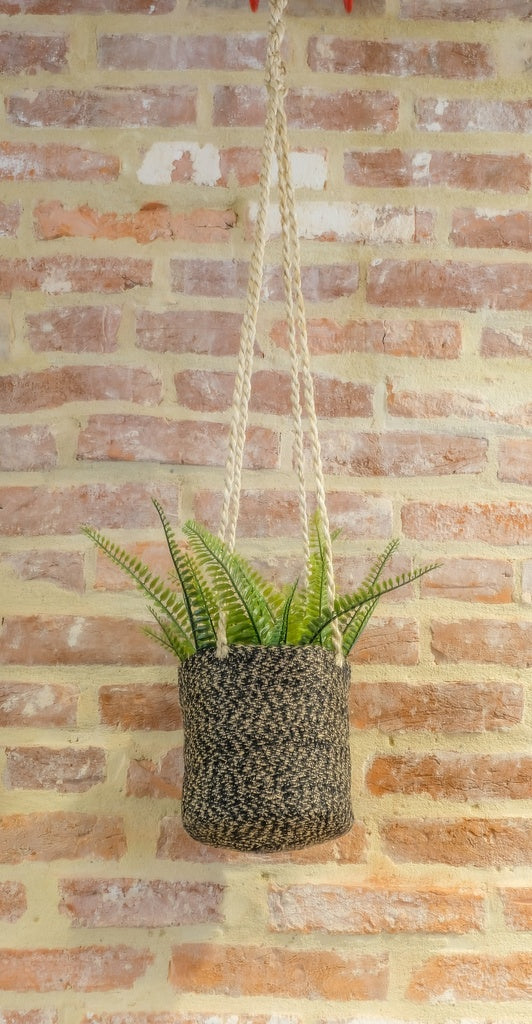 Braided Jute Hanging Pot cover w/PVC Black & Natural